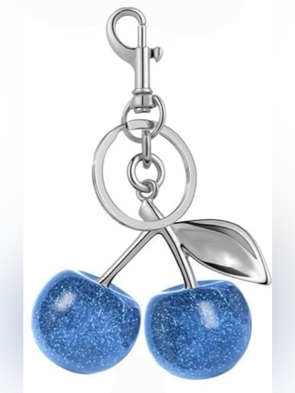 Blue Glittery Cherry Keychain Charm Silver Hardware